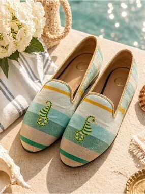 Coastal Old Money Seahorse Venetian Smoking Slippers Preppy Resort Loafers 8.5